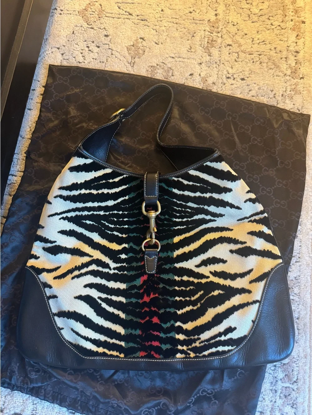 Gucci Black & White Zebra-Print Jackie Shoulder Hobo with Gold Hardware